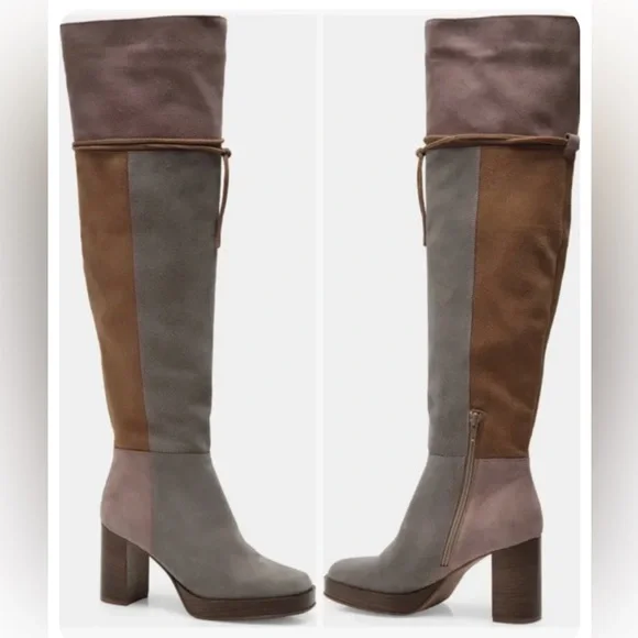 New Free People Patchwork Platform Over-The-Knee Tall Suede Leather Boots Italy